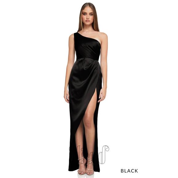 NWT Nookie Sz L Virtue Black One Shoulder Thigh High Slit Evening Cocktail Gown - Picture 1 of 6